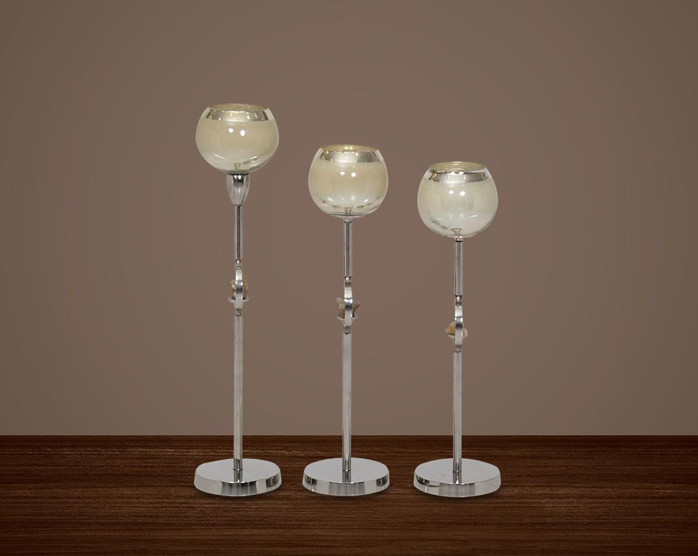 "Pillar goblet candle holder in taupe lustre glass with nickel-plated textured aluminum decorative base. " 1large 2 medium 3 small