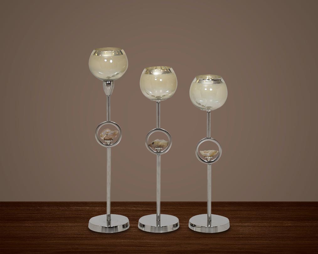 "Pillar goblet candle holder in taupe lustre glass with nickel-plated textured aluminum decorative base. " 1large 2 medium 3 small