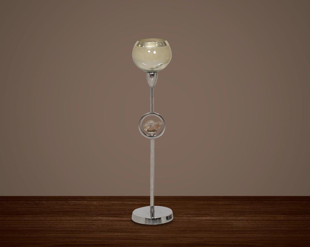 "Pillar goblet candle holder in taupe lustre glass with nickel-plated textured aluminum decorative base. " large