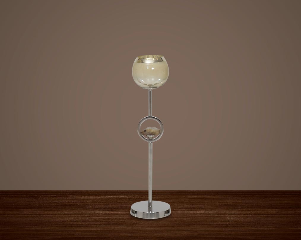 "Pillar goblet candle holder in taupe lustre glass with nickel-plated textured aluminum decorative base. " medium 