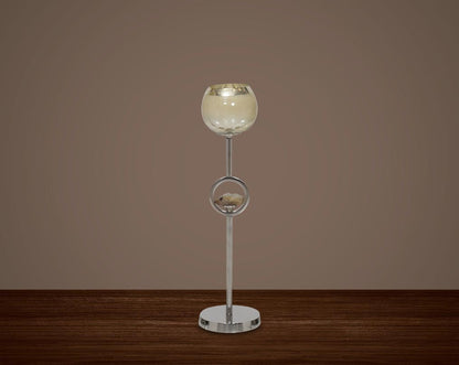 "Pillar goblet candle holder in taupe lustre glass with nickel-plated textured aluminum decorative base. " medium 