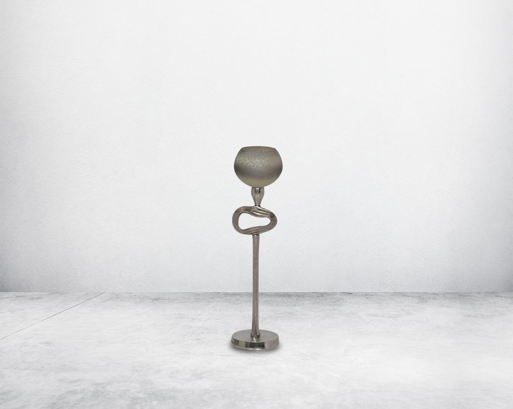 "Pillar goblet candle holder in white & grey luster glass with nickel-plated textured aluminum decorative base. "small