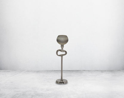 "Pillar goblet candle holder in white & grey luster glass with nickel-plated textured aluminum decorative base. "small