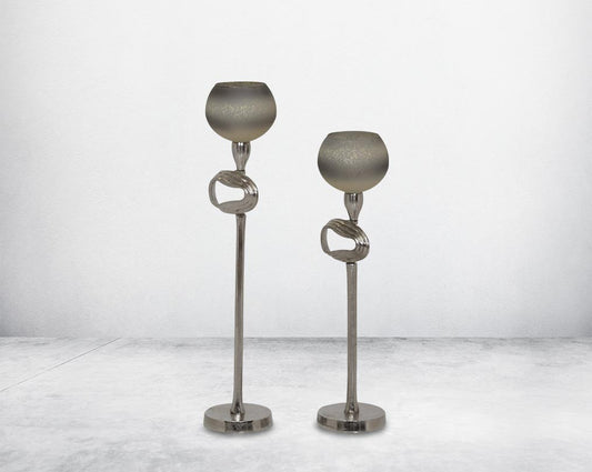 "Pillar goblet candle holder in white & grey luster glass with nickel-plated textured aluminum decorative base. "1 large 2 small