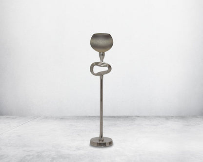 "Pillar goblet candle holder in white & grey luster glass with nickel-plated textured aluminum decorative base. "large 