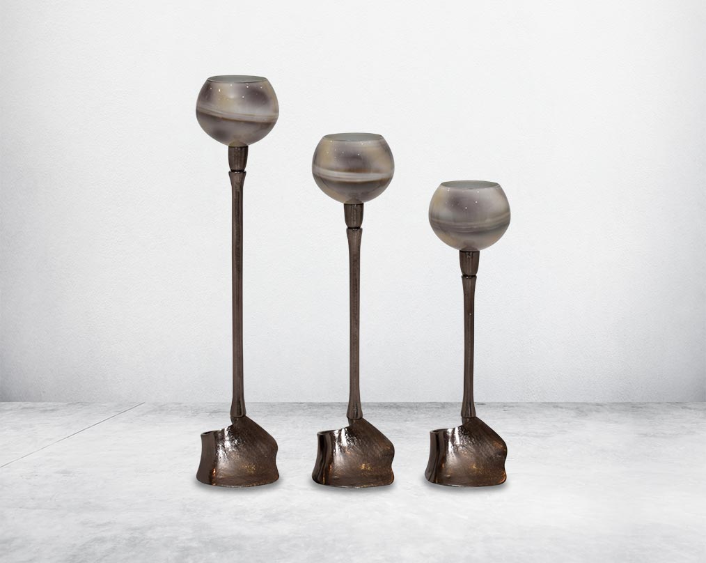 Pillar goblet candle holder in grey color and burnt glaze luster glass with nickel-plated textured aluminum decorative base.