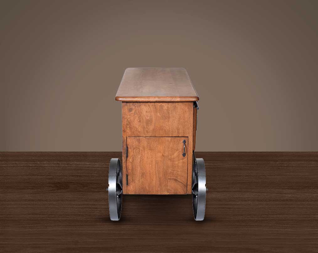 Wine cart/ bar with a vintage look in mango wood and powder-coated iron wheels with storage.
