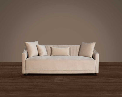 This 3 sofa  is a sensory experience of luxurious relaxation and esoteric design. With a curvilinear silhouette, it features rich fabric upholstery on wooden frame conjuring the right sensations of comfort and inevitable luxury.