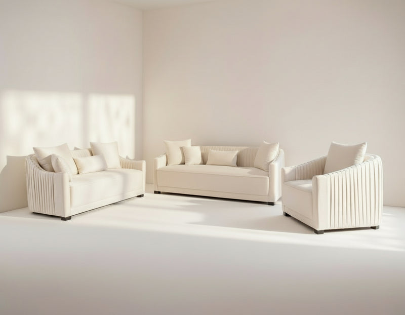 This 3+2+1 sofa  is a sensory experience of luxurious relaxation and esoteric design. With a curvilinear silhouette, it features rich fabric upholstery on wooden frame conjuring the right sensations of comfort and inevitable luxury.