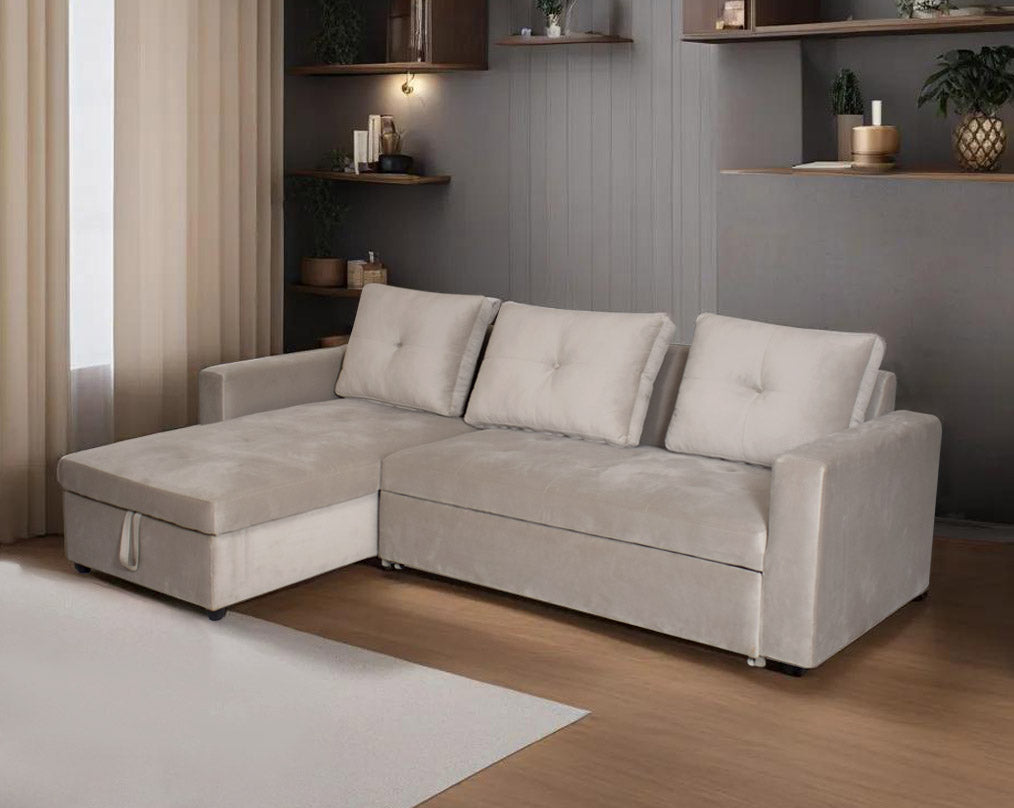 Left & Right-aligned 2 seater sofa + chaise upholstered in fabric. Sofa can be pulled out with a very easy mechanism that converts to a sofa bed & has storage.