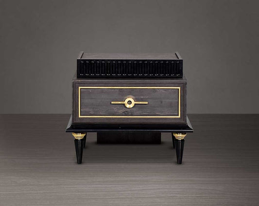 Bedside table in dark oak finish with antique gold design motif and two drawers with golden handles in modern classic design front view