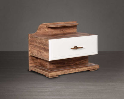 Bedside table in light walnut with one drawer in glossy finish with LED light in the base to compliment it.