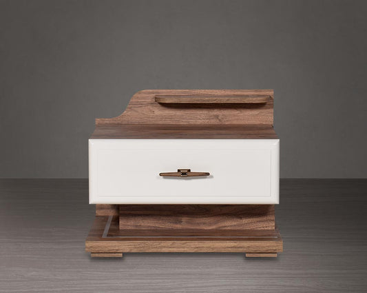 Bedside table in light walnut with one drawer in glossy finish with LED light in the base to compliment it front view