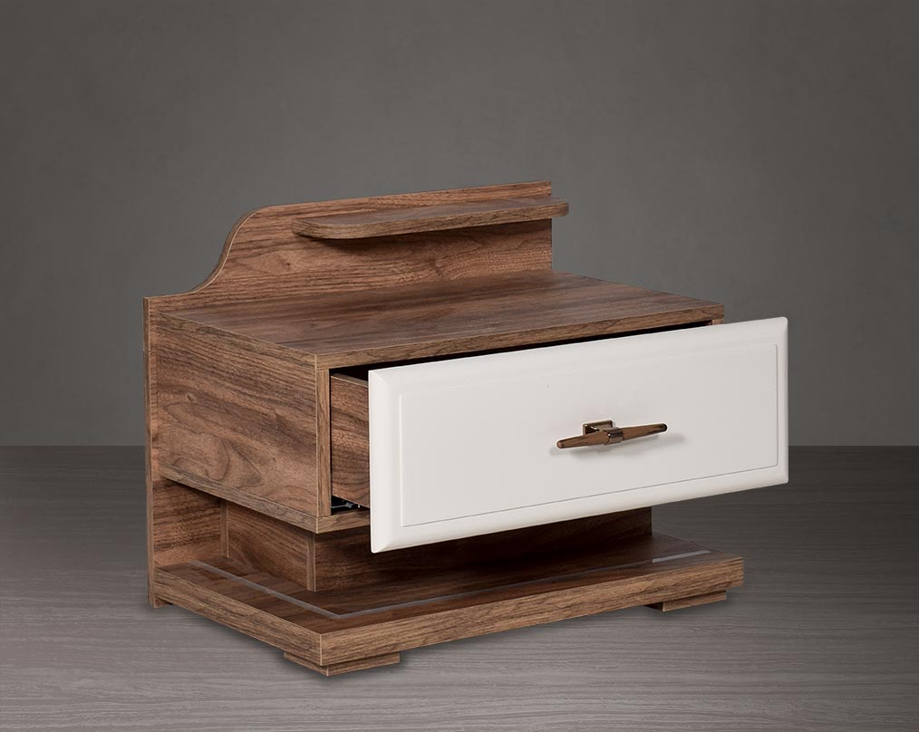 Bedside table in light walnut with open one drawer in glossy finish with LED light in the base to compliment it.