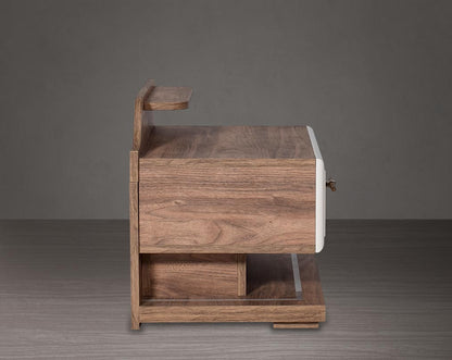 Bedside table in light walnut with one drawer in glossy finish with LED light in the base to compliment it.