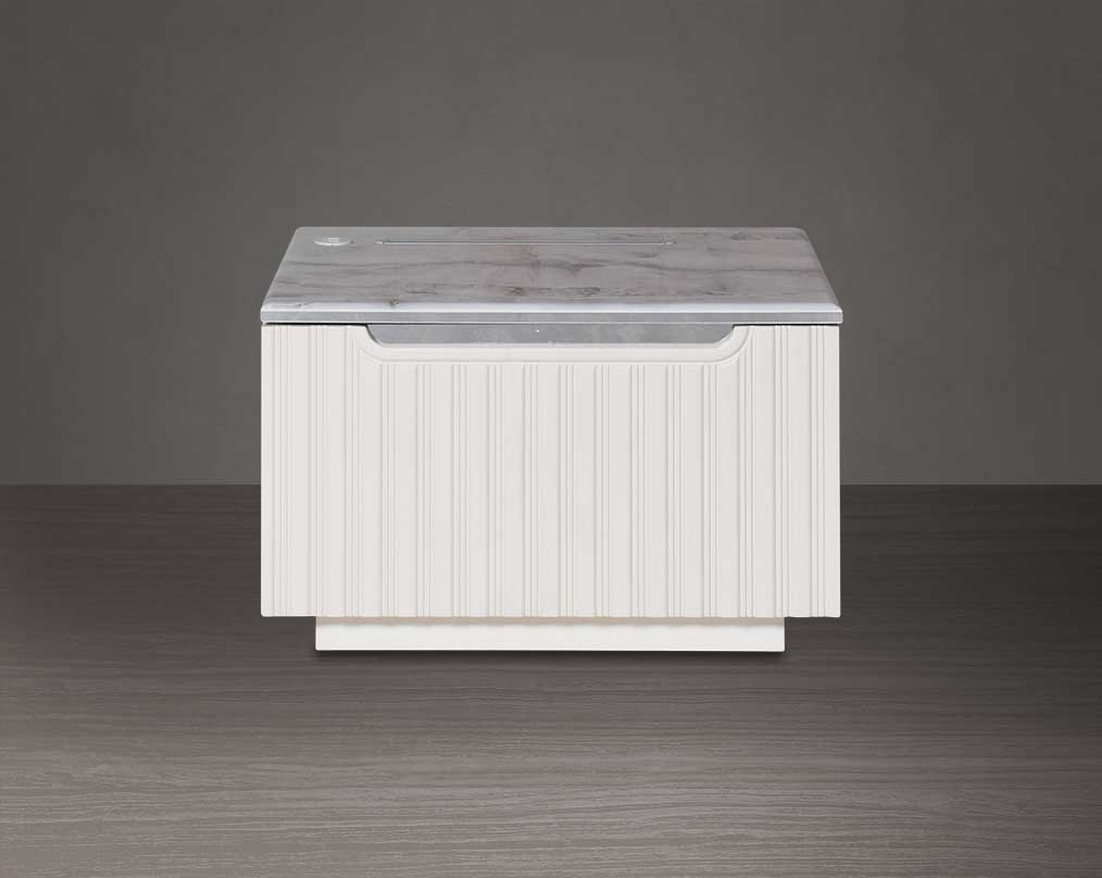 The bedside table comes with front view  a marble finish top & lacquered in high gloss with a spacious drawer with a cream finish handle & base.
