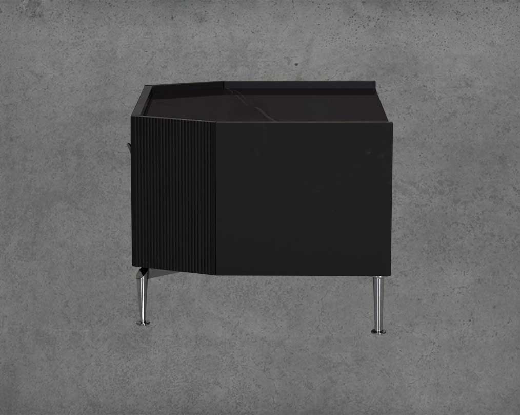 The gorgeous bedside table is in a black glossy finish with a spacious  behind drawer with stainless steel handle & base.