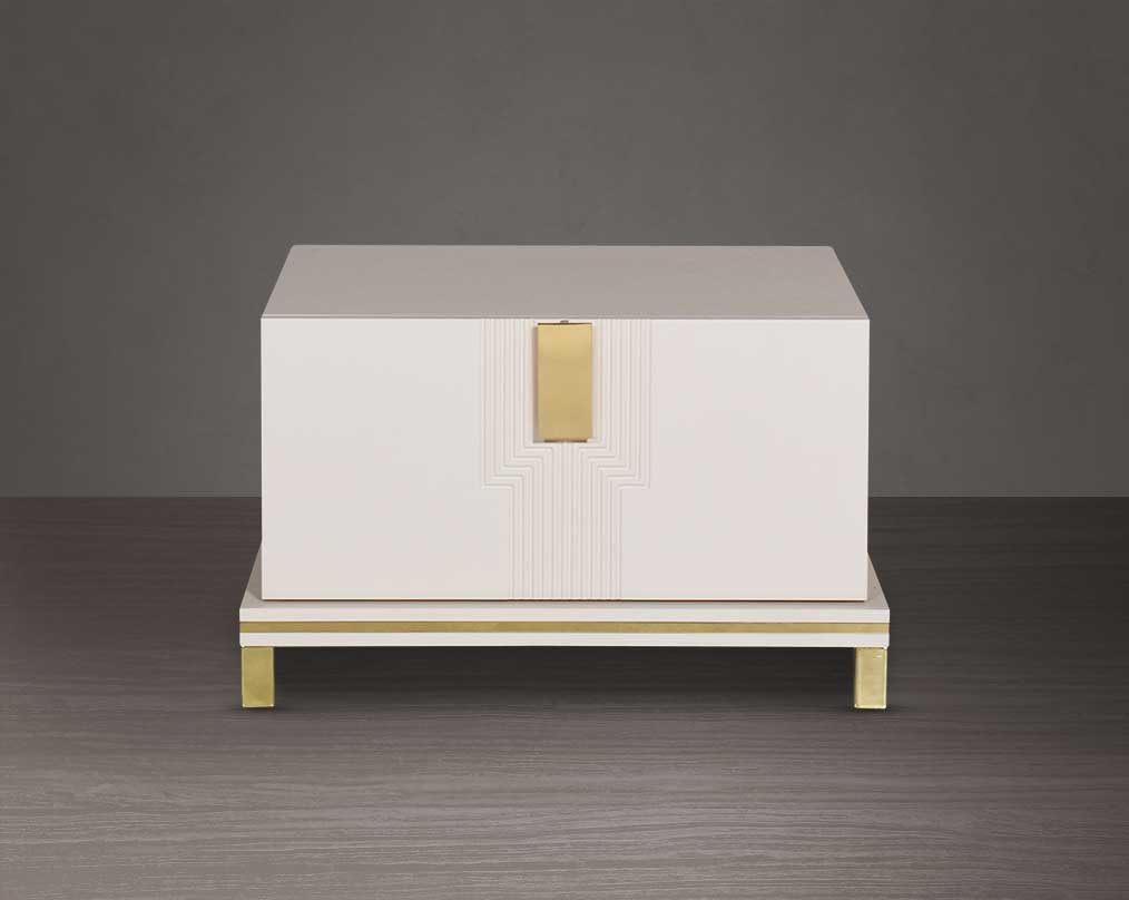 Bedside table lacquered in high gloss with a spacious drawer with front view  gold finish handle & base.