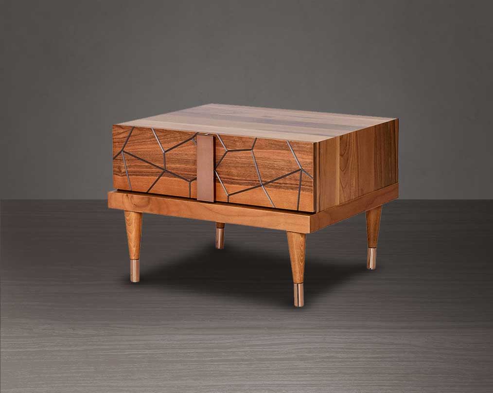 Symmetry and style define this eye-catching bedside table constructed from walnut veneer in a geometric pattern, one drawer with a rose gold plated stainless steel handle with wood base.