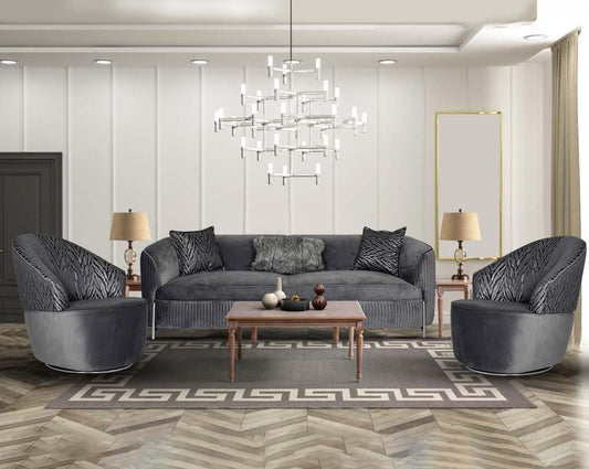 Comfort and style define this sofa set. This 3 seater sofa with decor light features a gorgeous profile upholstered in striped soft luxurious fabric with curved arms & dark grey imitation feathered cushions to compliment