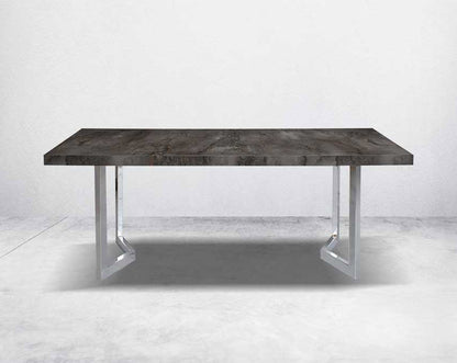 This 6-seater dining table comes with an iron grey imitation Italian marble top with a stainless steel gloss finished base in modern design.