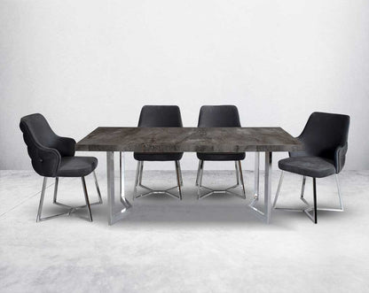 this soft, cushioned dining chair features an extraordinary contemporary design with tufted back and cushioned seat with stainless steel legs. It is upholstered in velvet fabric which will certainly elevate the style of your space