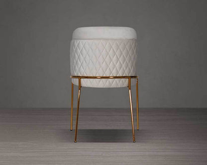 designed chair with back view criss-cross stitch padded fabric in gold finish stainless steel legs in contemporary design.