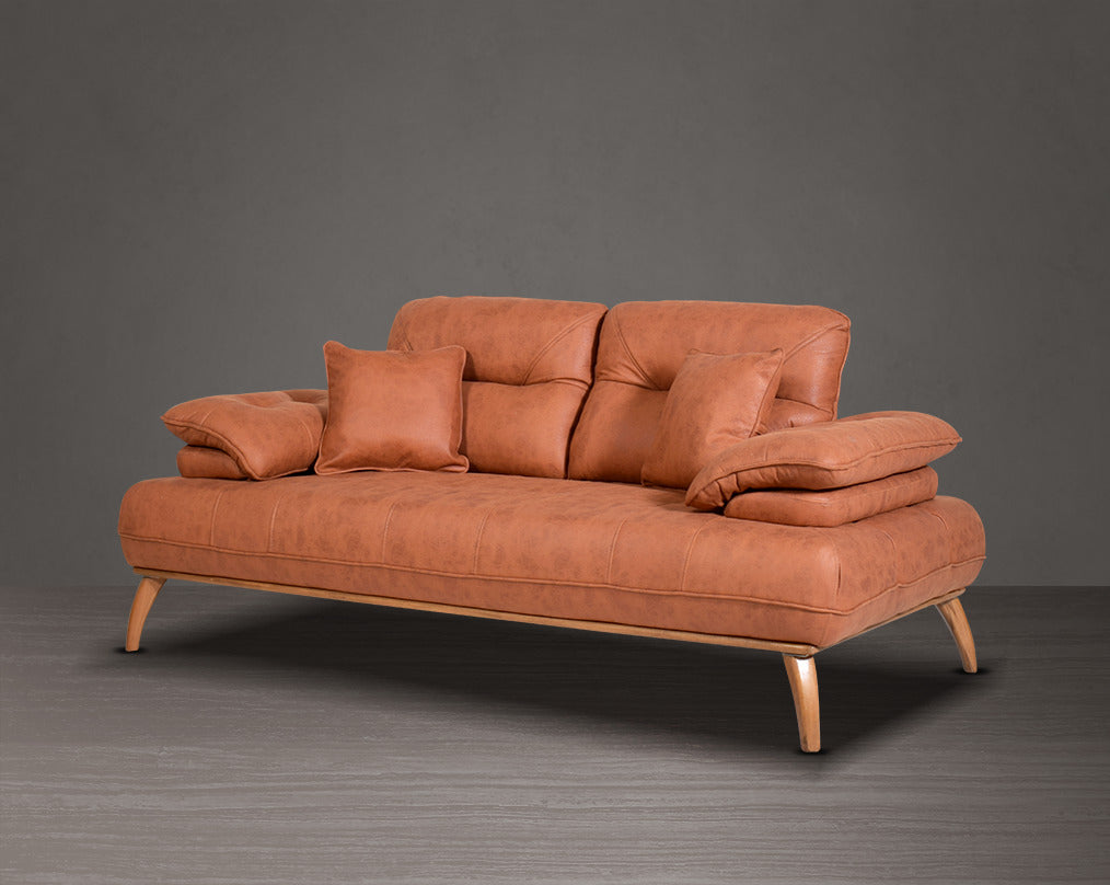 2 seater sofa upholstered in fabric in modern classic design with 2 cushions side view.