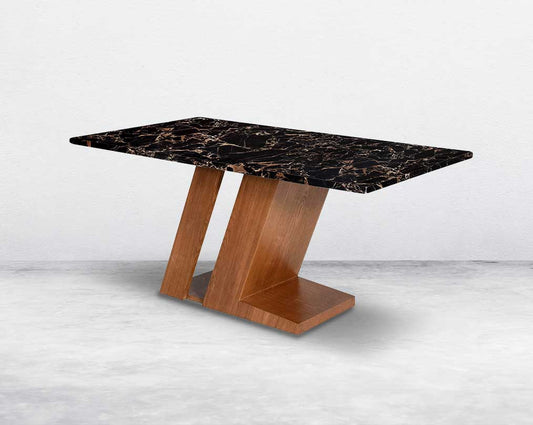 6 seater rectangle dining table with brown imitation marble top and walnut wood base.