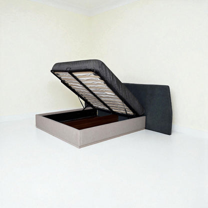 Wall-mounted bed with open storage compartment on a white background