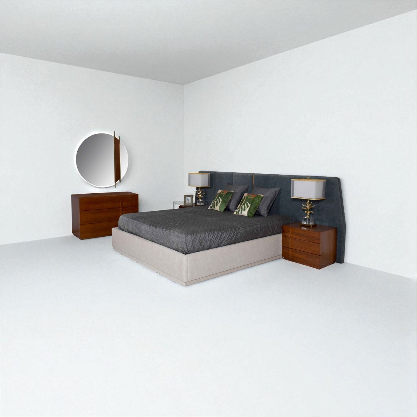 Modern bedroom setup with a bed, nightstands, and wall mirror.
