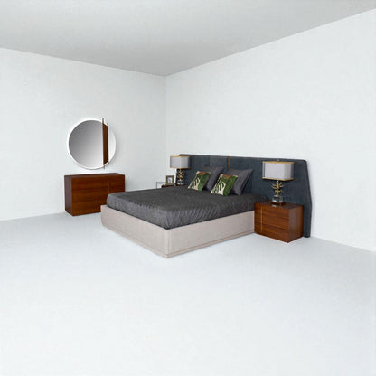 Modern bedroom setup with a bed, nightstands, and wall mirror.