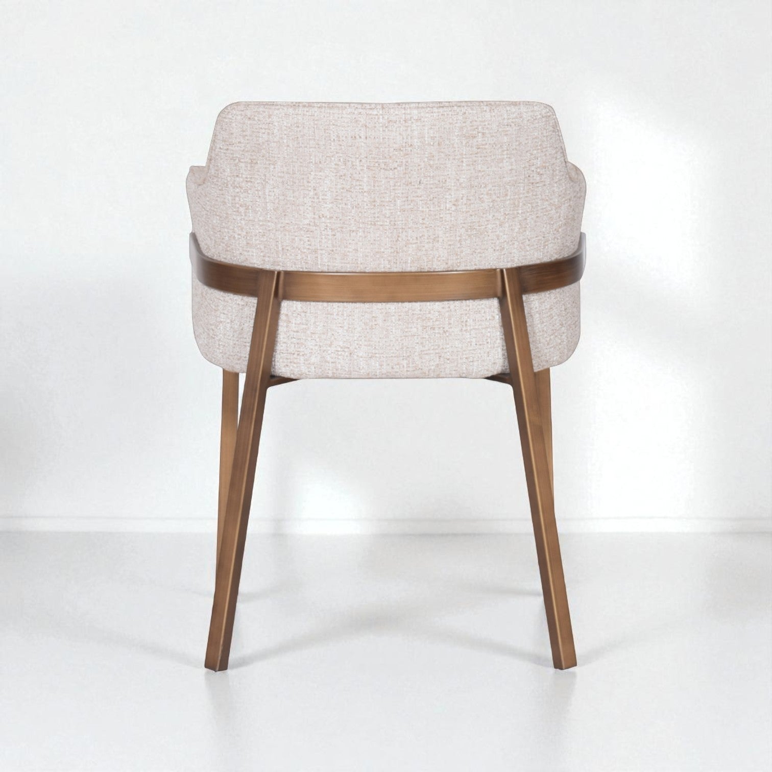 Chair with beige cushioned seat and wooden frame on a white background