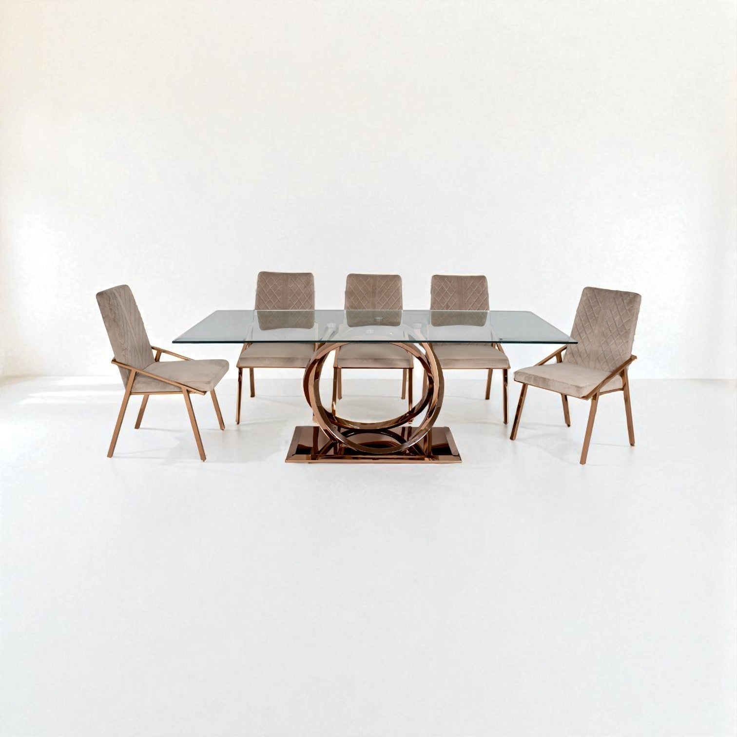 Dining table with six chairs on a white background