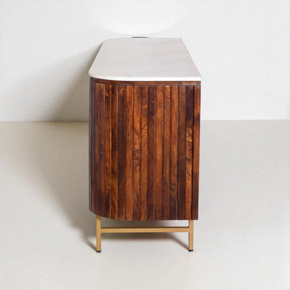 Wooden side table with a white top on a plain background