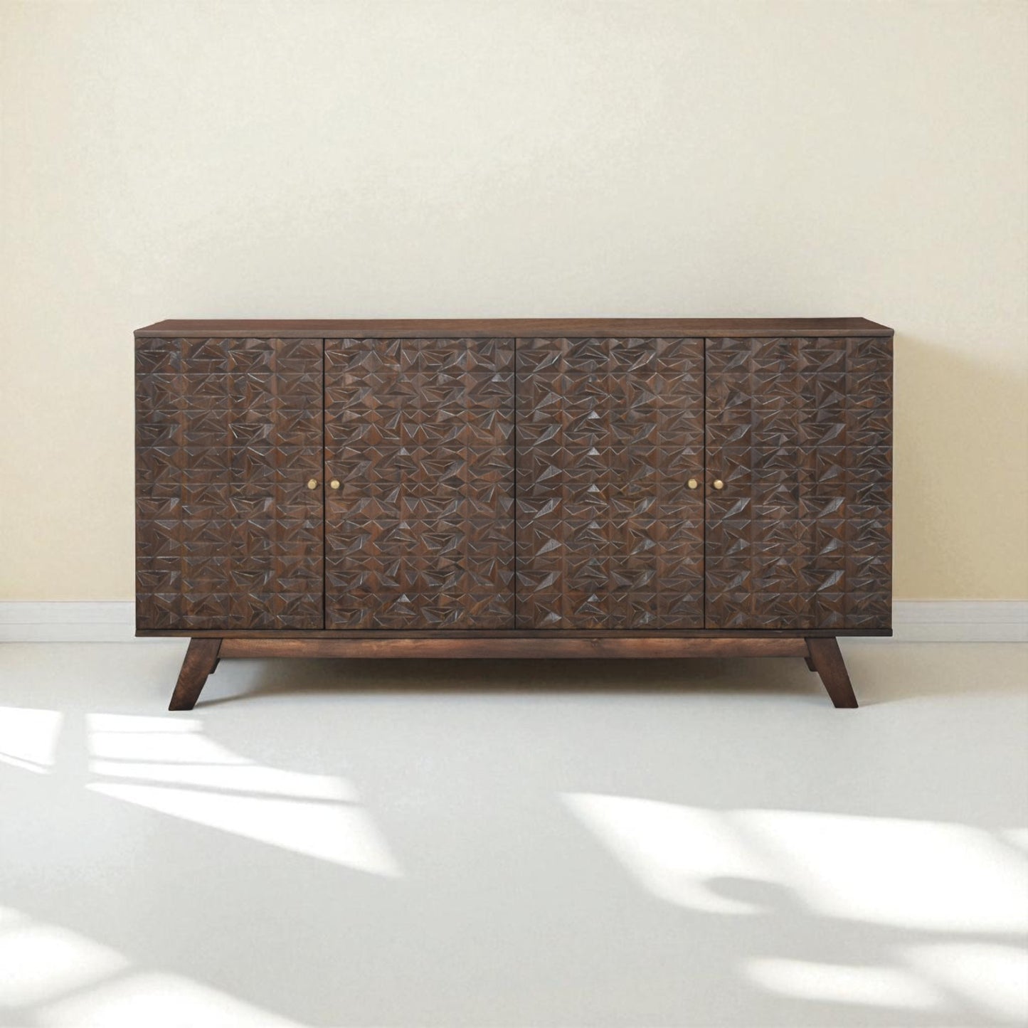 Wooden sideboard with decorative pattern on a white floor and beige wall