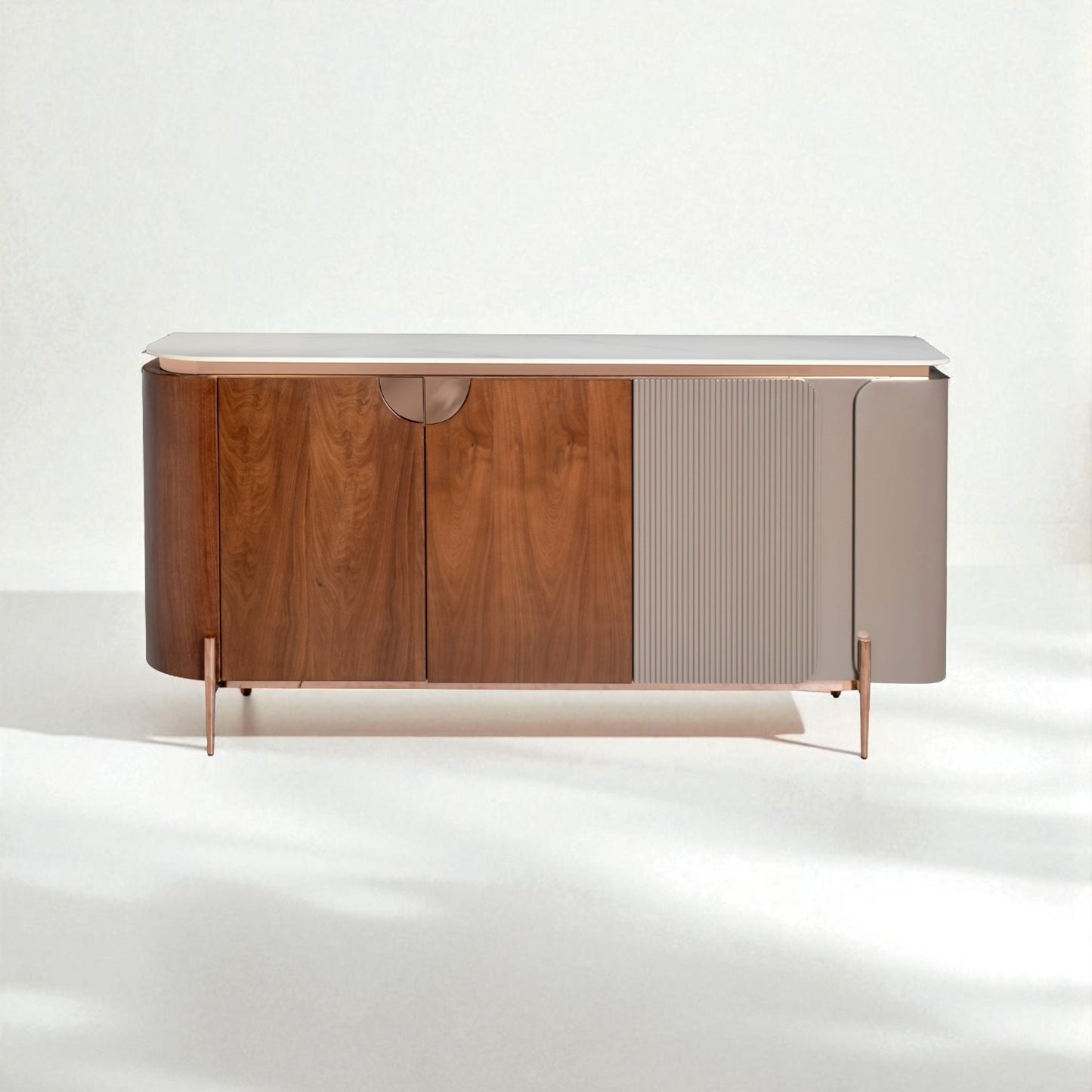 Modern sideboard with wooden and metallic design on a white background