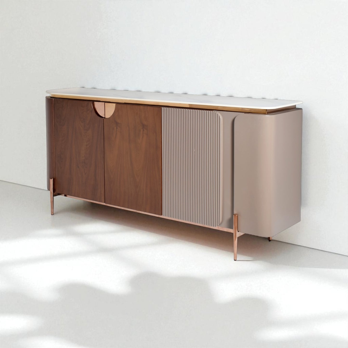 Modern sideboard with wooden and metallic design on a white background