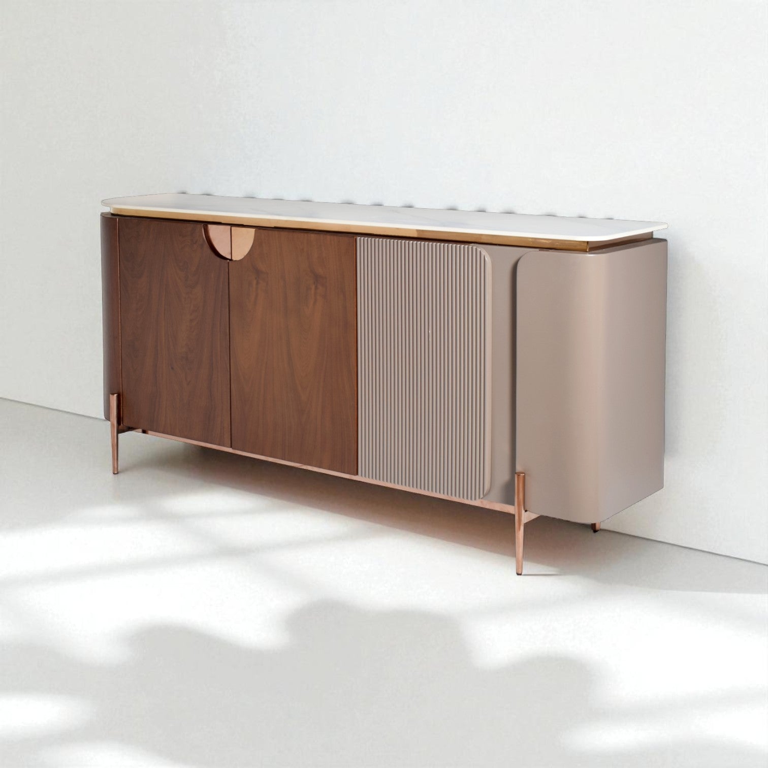 Modern sideboard with wooden and metallic design on a white background