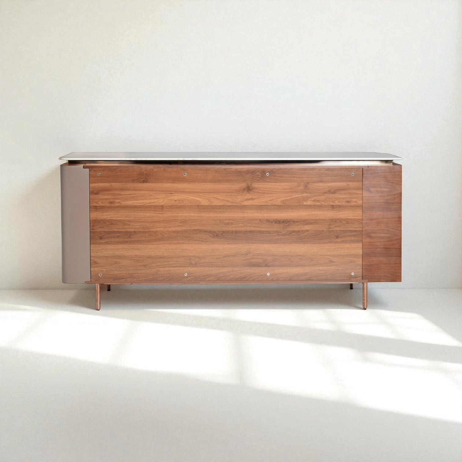 Wooden sideboard with metal accents on a white background