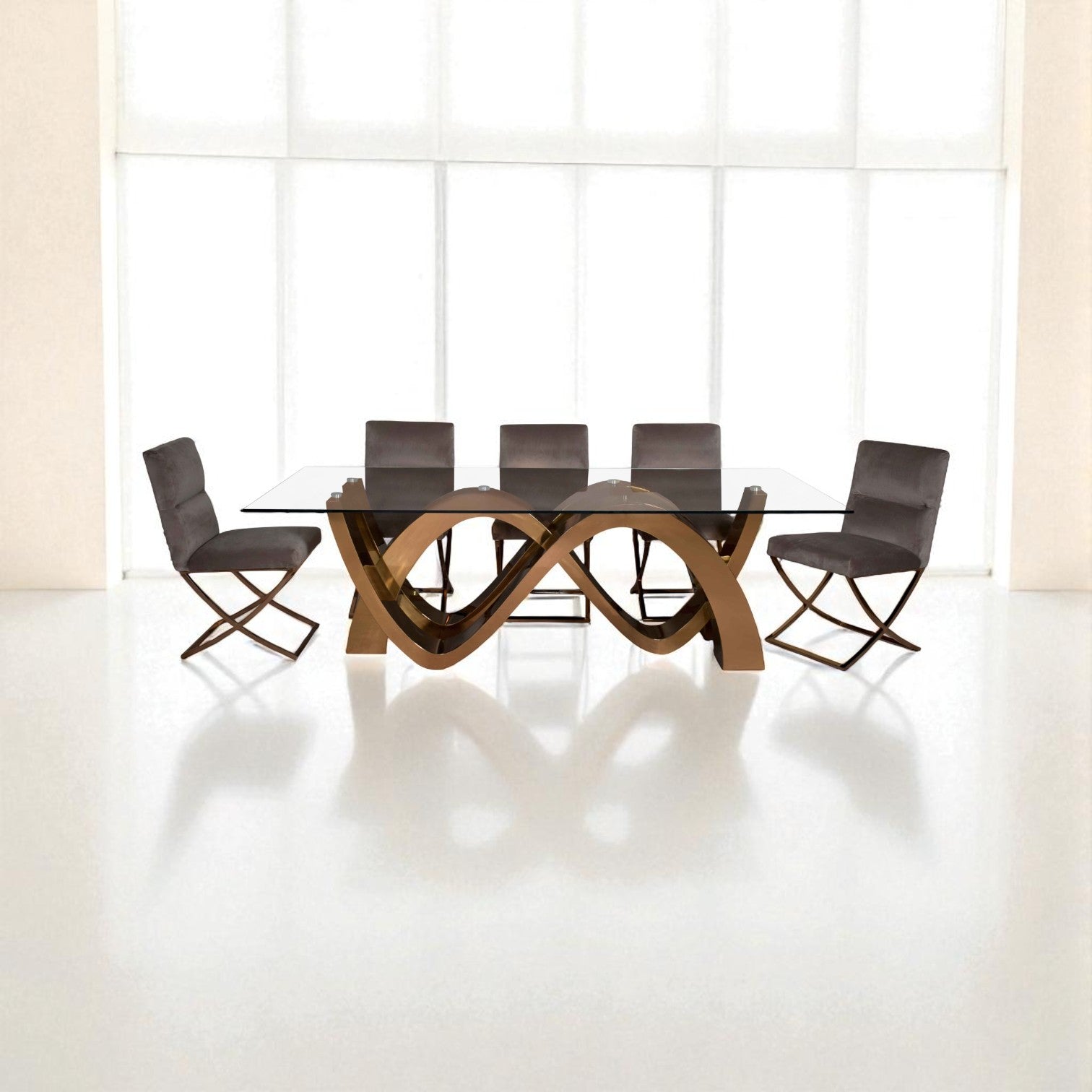 Modern dining table with chairs in a bright room