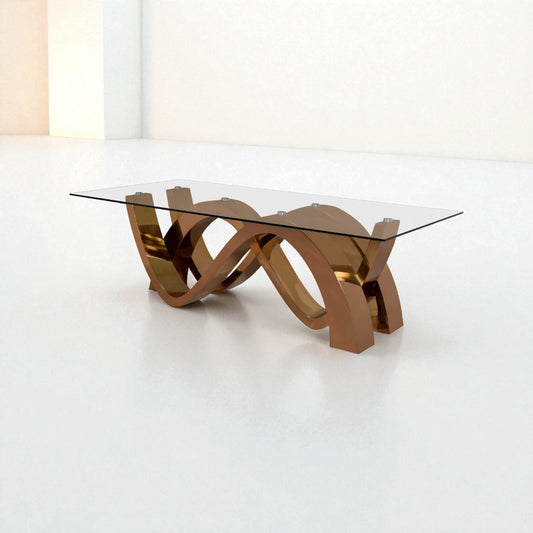 Modern glass coffee table with bronze metal base on a white background
