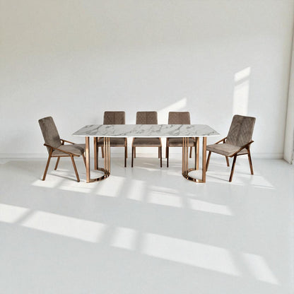 Dining table with six chairs in a minimalistic room