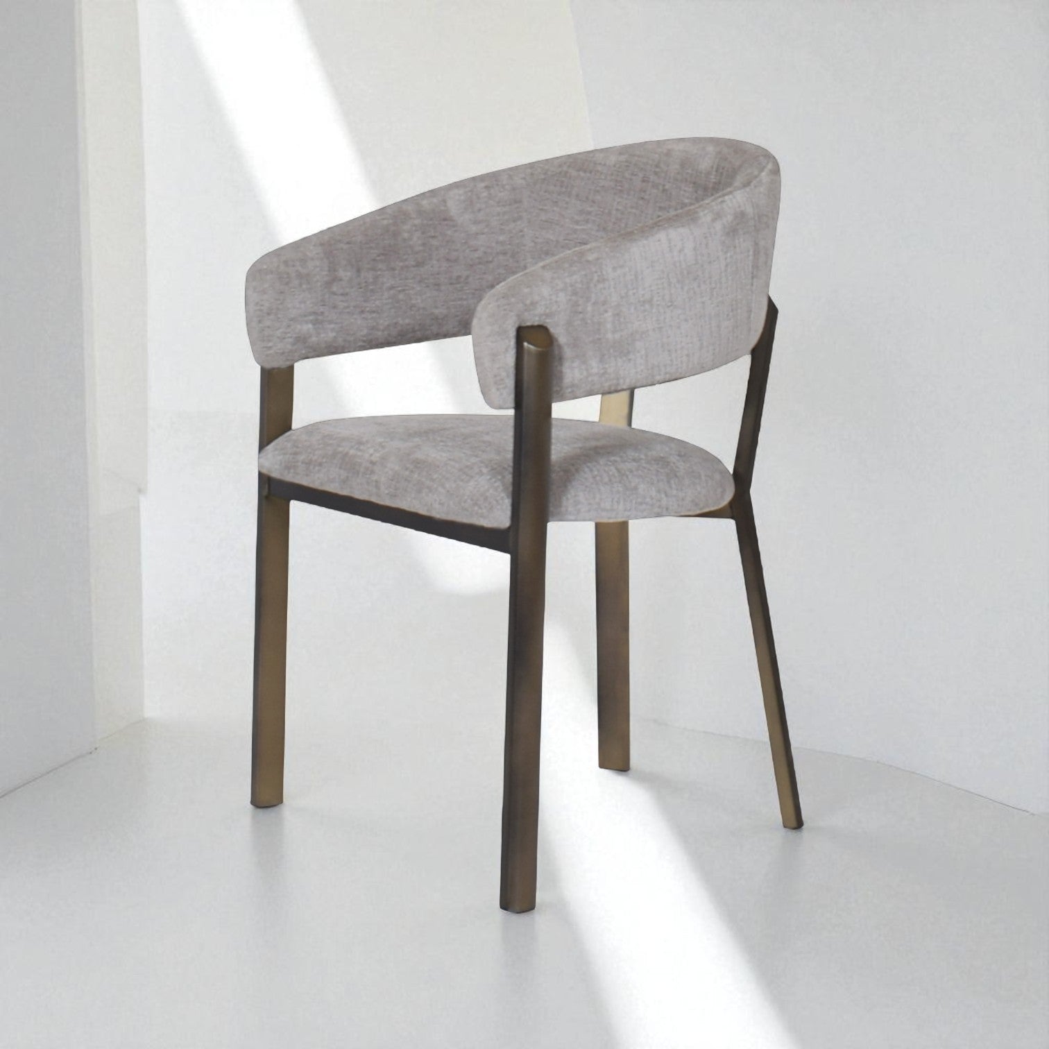 Gray upholstered chair with wooden legs on a white background