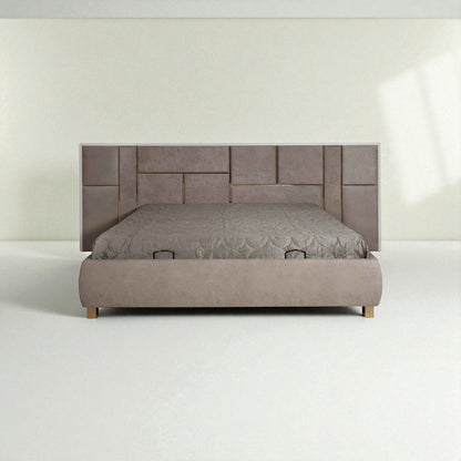 Beige upholstered bed with geometric headboard on a white background