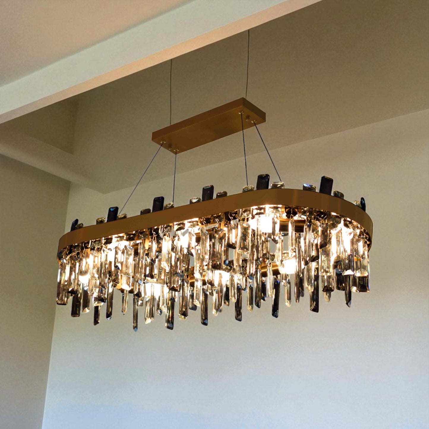 Chandelier with crystal accents hanging from the ceiling.