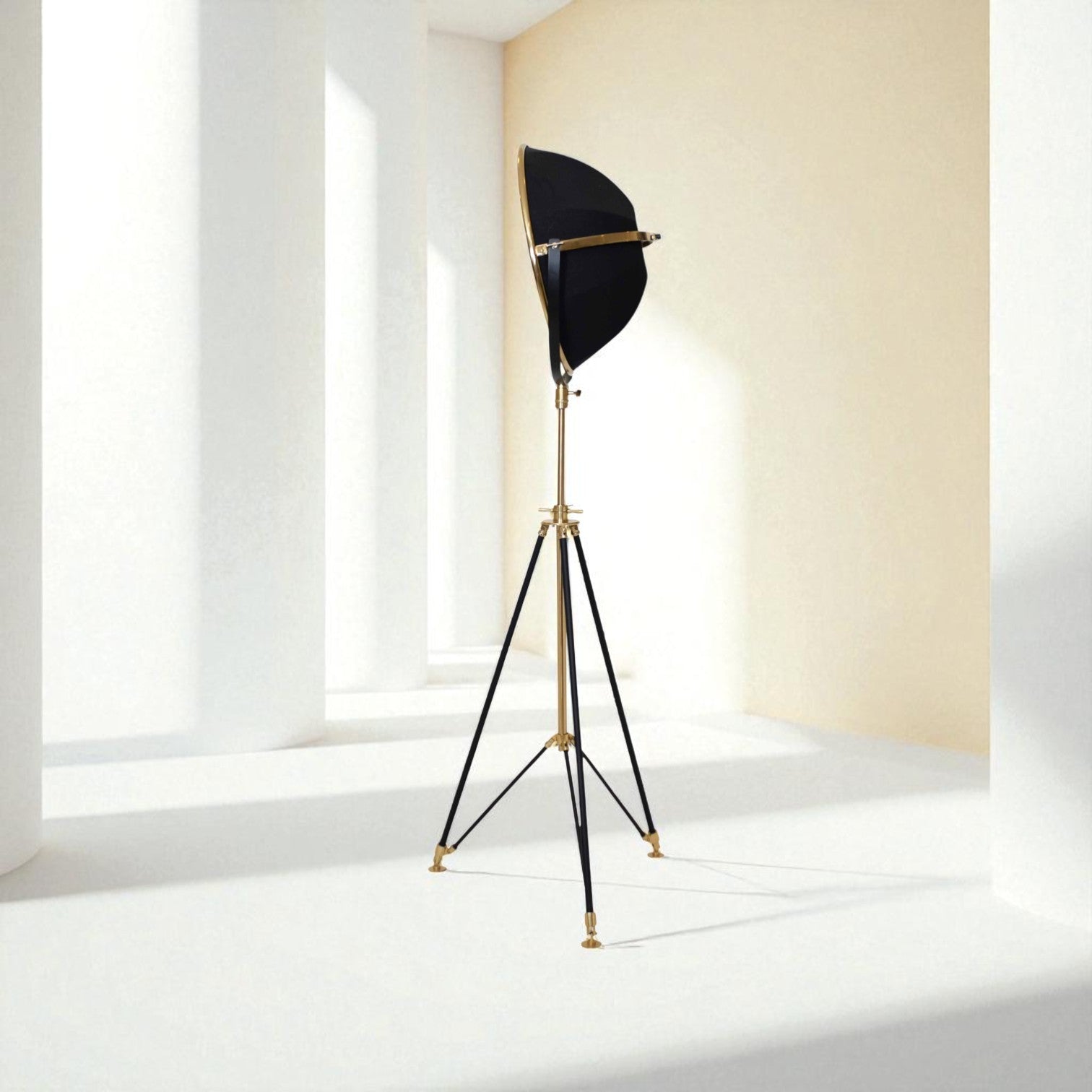 Vintage-style floor lamp with black shade and gold base on a white background