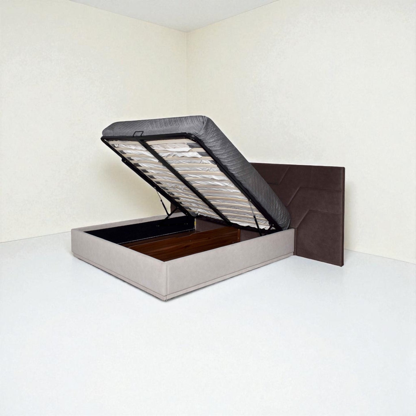 This elegant king-size bed comes upholstered in fabric & quilted in modern classic design.