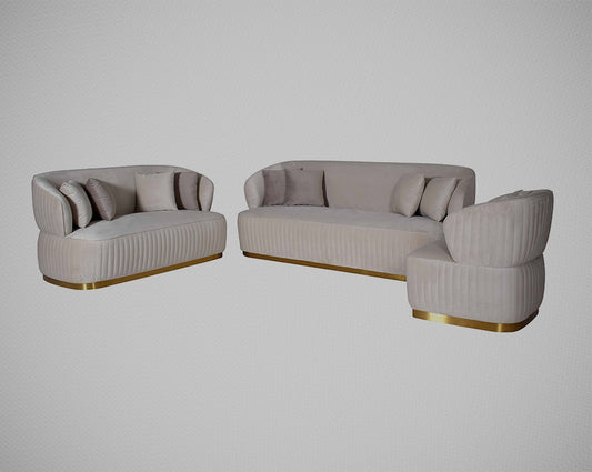 This 3+2+1 sofa set is an elegant statement piece with clean lines softened by subtle curves. Vertical channel quilting is an outstanding design detail on this sofa.
