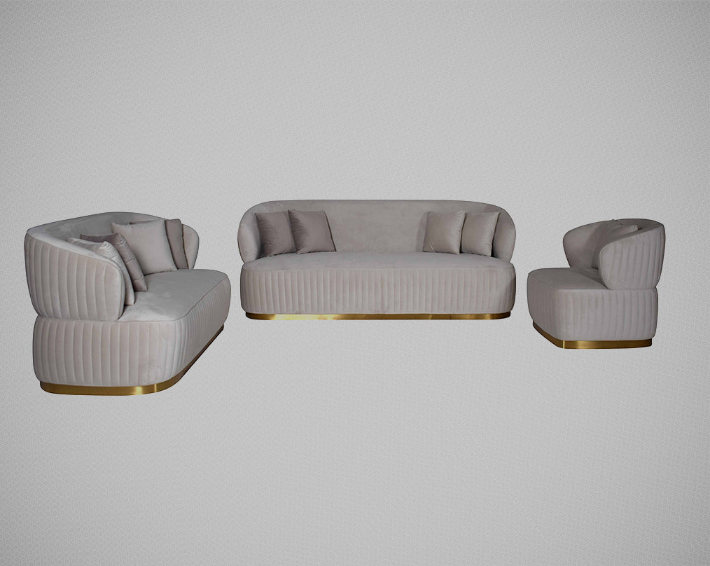 This 3+2+1 sofa set is an elegant statement piece with clean lines softened by subtle curves. Vertical channel quilting is an outstanding design detail on this sofa.